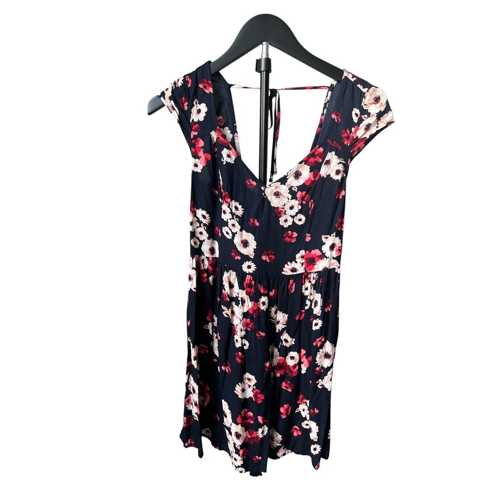 Hollister Navy Floral Smocked Back Mini Dress Pink White V-Neck Cap Sleeve M